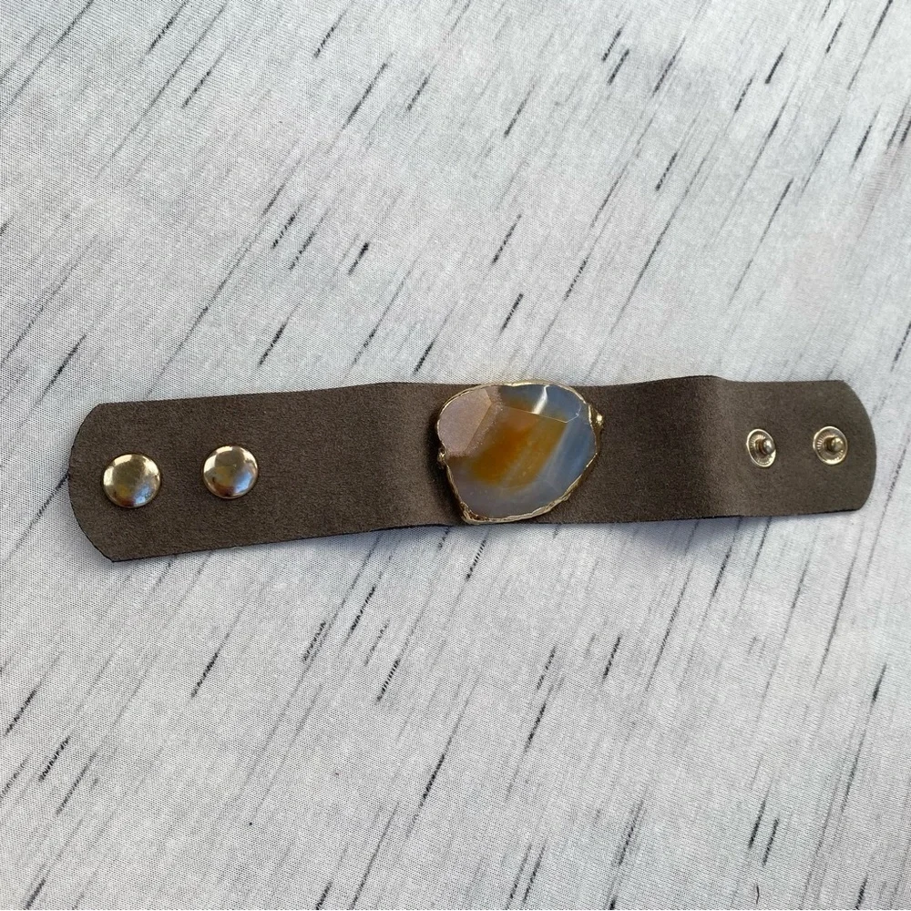 Agate Stone and Raw Suede with Gold Hardware Statement Cuff Bracelet - Picture 5 of 8